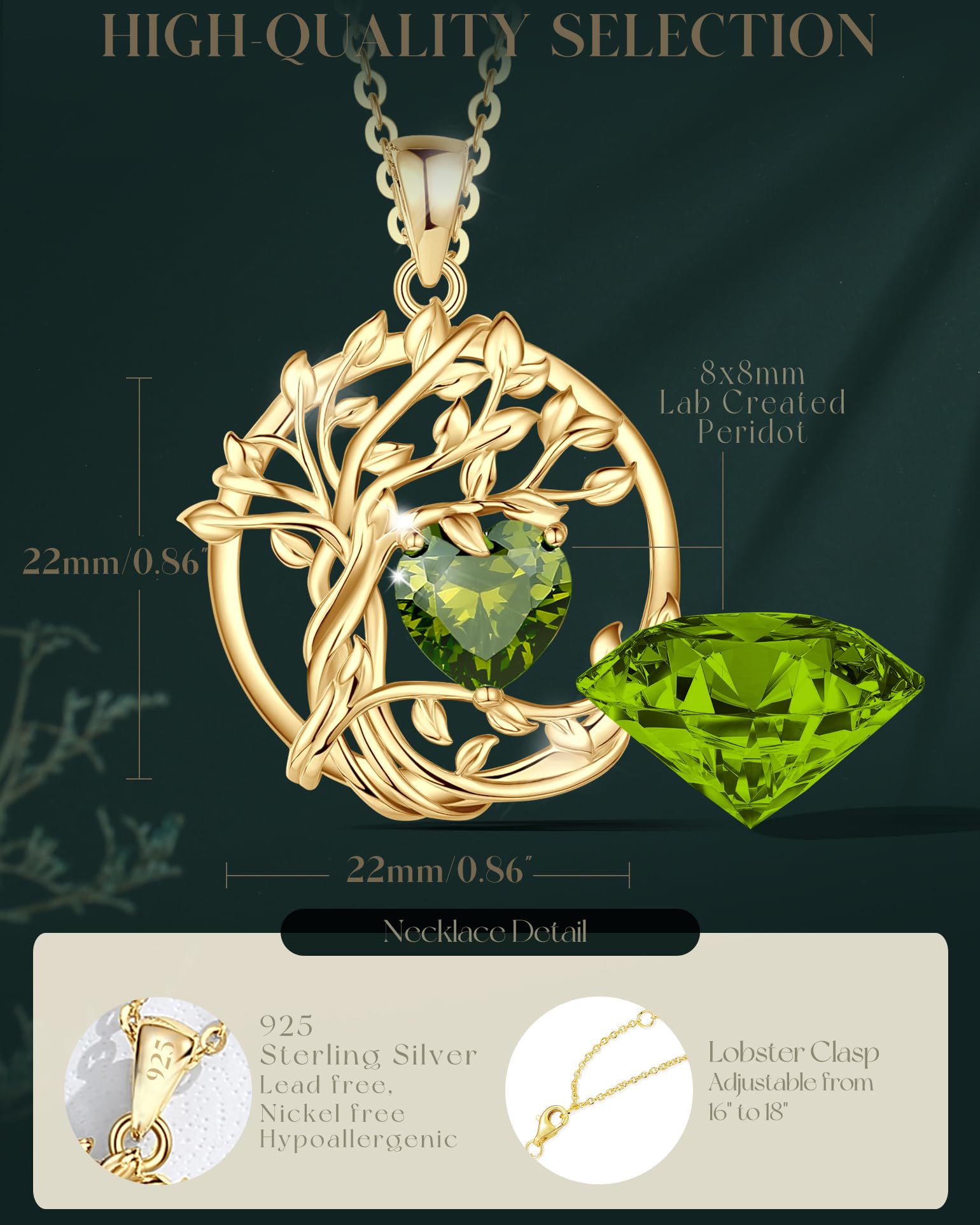 FANCIME Collar de piedra natal del árbol de la vida, colgante de plata de ley, collar de piedra natal, regalo de cumpleaños para mamá, esposa, Plata esterlina Gema Chapado en oro