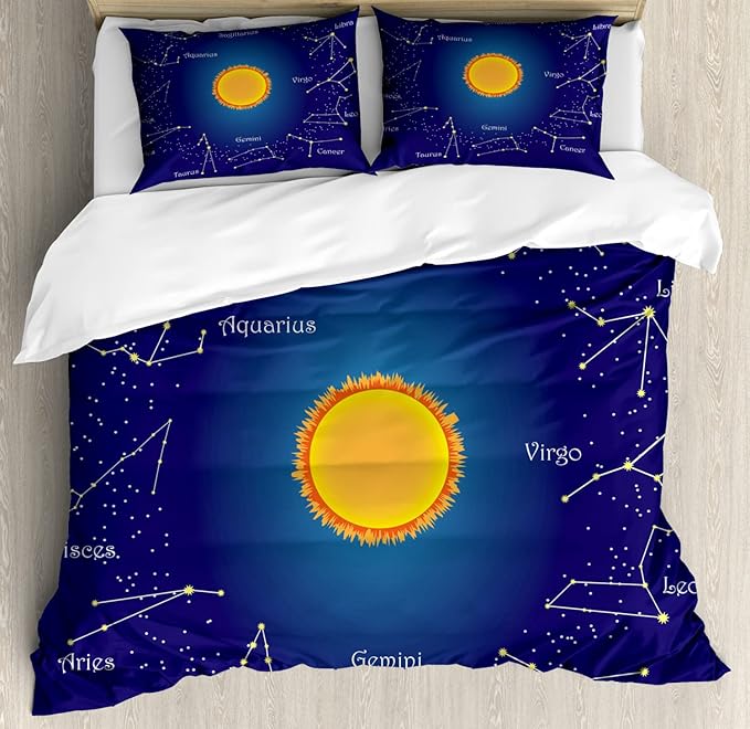 Ambesonne Astrology Duvet Cover Sets, Celestial Star Chart Constellation Around Sun on The Sky Aries Sign, Bedding Set with 2 Duvet Covers & 2 Pillowcases, 2 Pack Twin Size, Dark Blue Orange