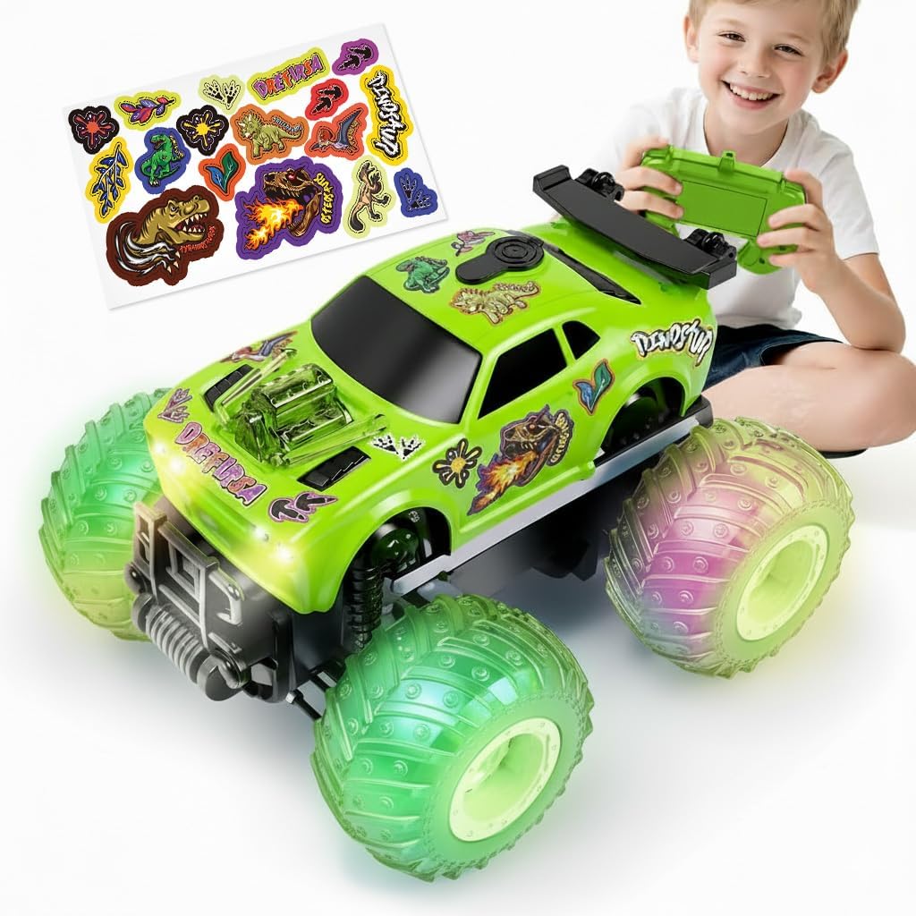 Drefirsa Remote Control Car for Toddler, Monster Truck for Boy Age 4-7 with Dinosaur DIY Sticker, Headlight, Colorful Light, Spin, and Mist, Birthday Gift Toy for Boy Age 3-5 5-7