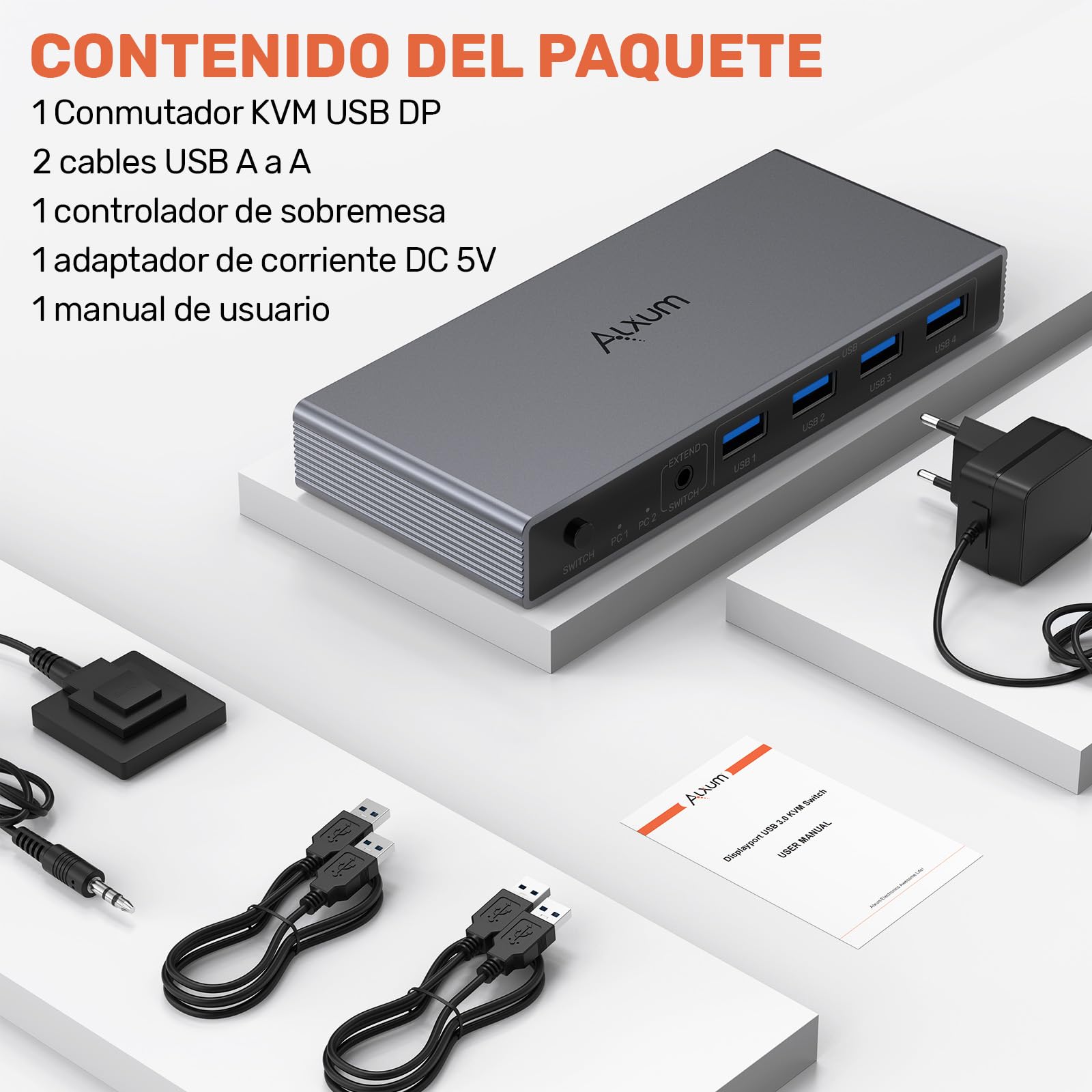 Alxum HDMI KVM-switch 2 pc's 1 monitor Ondersteuning 4K 60Hz Monitor Switch 2 in 1 USB 3.0-uitgang KVM-switches met 4 USB A Inclusief desktop controller 2 kabels