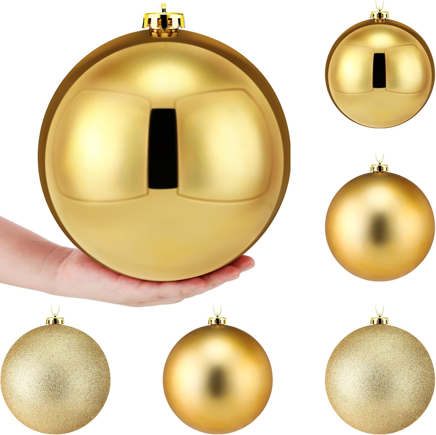 Wettarn 6 Pcs Extra Large Christmas Ball Ornaments 8'' (200mm) Oversized Huge Big Shatterproof Plastic Christmas Ball Hanging Decorations for Holiday Xmas Tree Outdoor Party Decors Gold