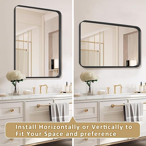 Miniatura 4 de Little kuku Espejo de baño negro, marco de metal de 22 x 30 pulgadas, montado en la pared con esquina redondeada para entradas, salas de estar