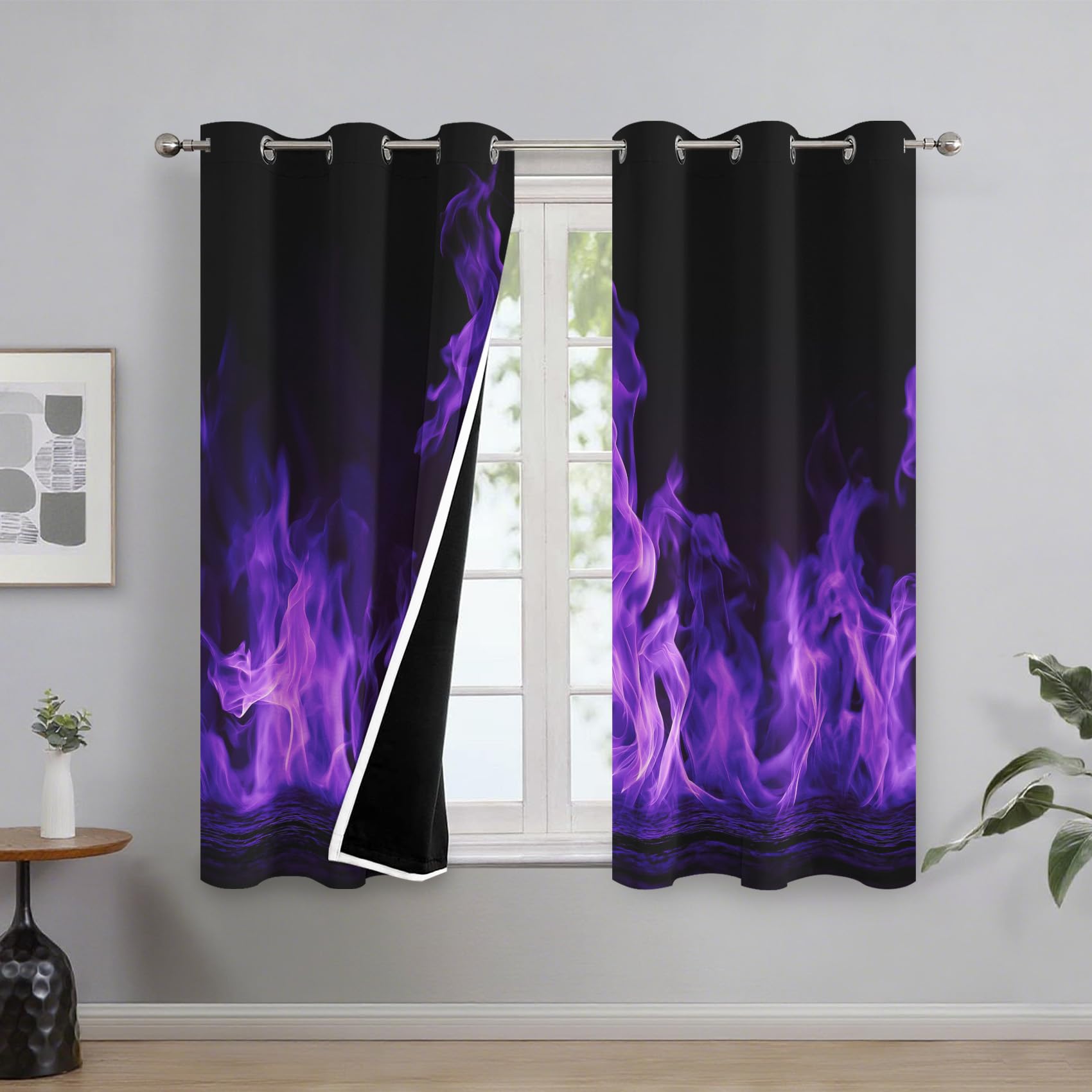 Generisch Lila Flamme Vorhänge Wohnzimmer, Vorhang Blickdicht Feuer Lila Gardinen mit Ösen Schlafzimmer, Thermo Verdunklungsvorhänge 2er Set H160 x B140 cm pw&66