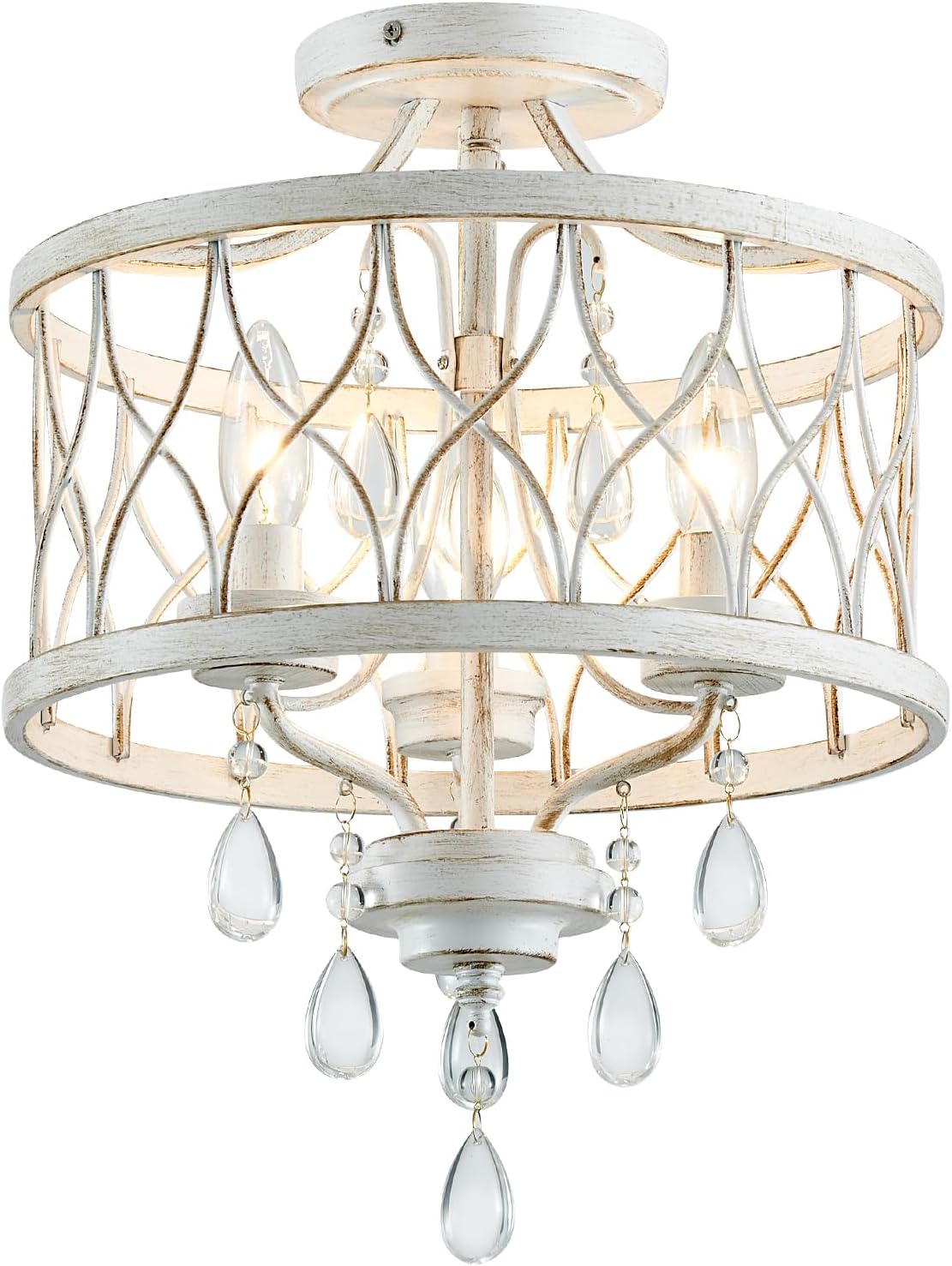Farmhouse Crystal Ceiling Light Fixture, 3-Light Semi Flush Mount Crystal Chandelier Light Fixture Rustic Vintage White Pendant Ceiling Lamp for Hallway Corridor Kitchen Entryway Bedroom Living Room