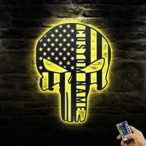Miniatura 2 de Letrero de nombre personalizado con luz LED, 16 colores, diseño de calavera de castigador estadounidense, arte de pared de metal americano, luz LED,
