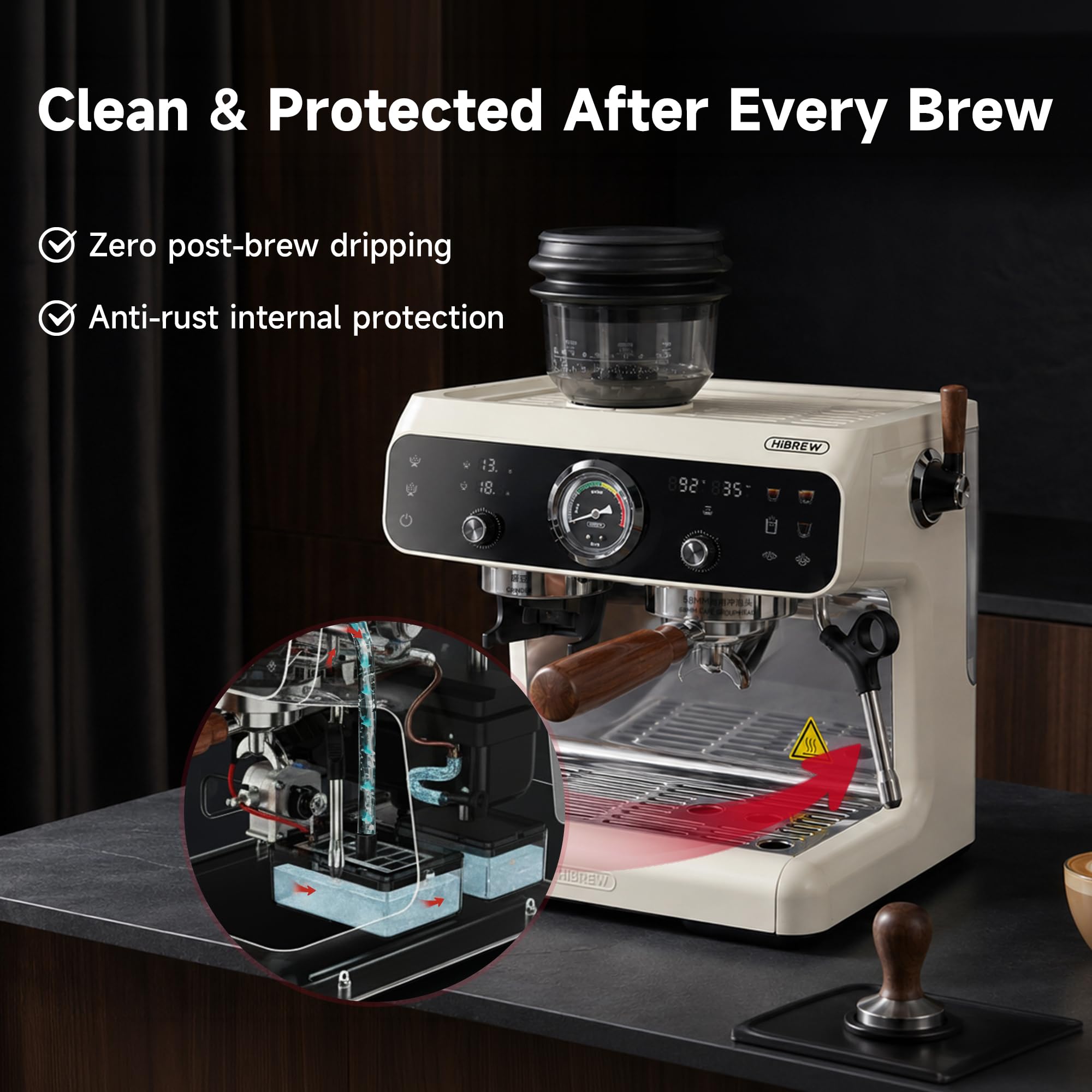 Hibrew H7B Espresso Machine with Built-in Grinder, 30-Position Conical Burr, Dual Heating System, PID Control, 58 mm Portafilter, 2800 W Steam Wand, 2,8 L Water Tank – Semi-Automatic Coffee Maker for