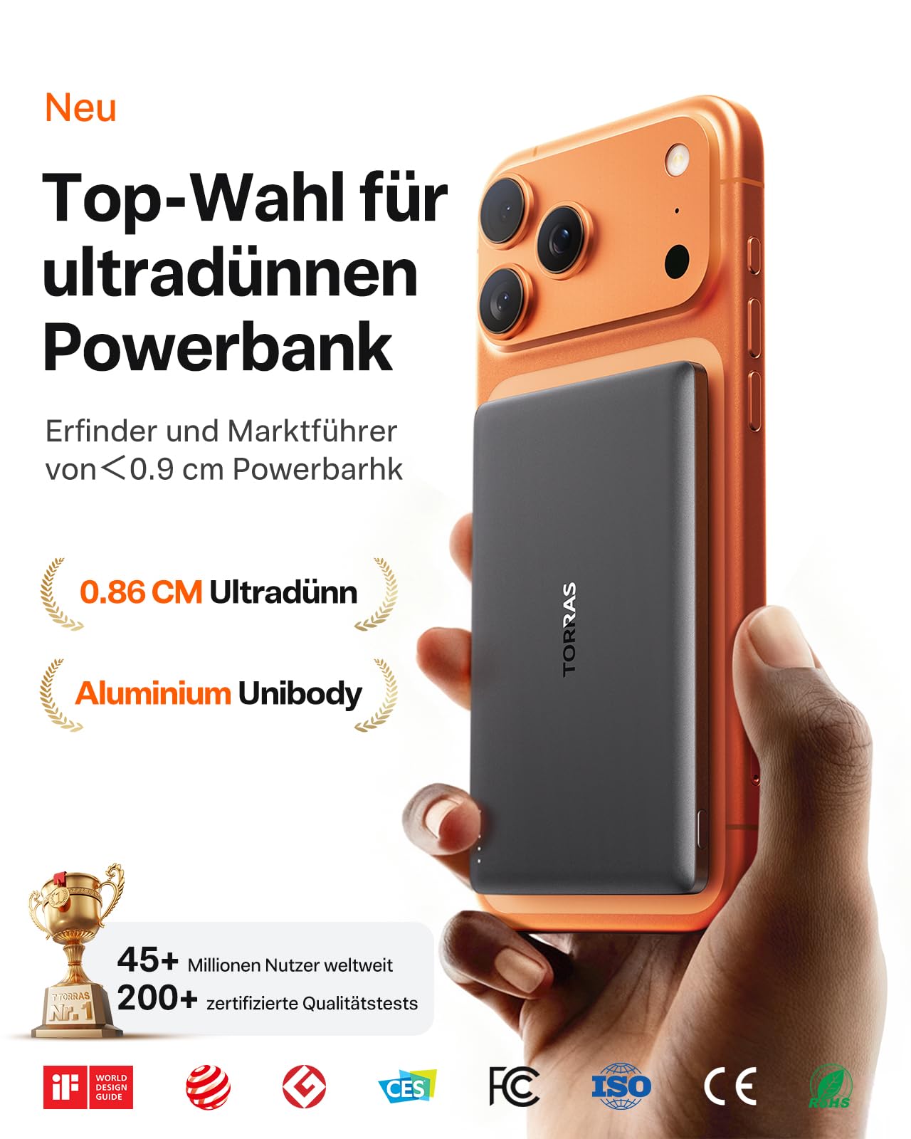 TORRAS MiniMag Ultra Slim Powerbank für Magsafe, 18W Schnellladen 5000mAh Magnetische Powerbank Klein, Wireless Externe Akkupack mit USB-C-Kabel für iPhone 17 Pro Max/Air/16/15/14/13/12, Grau Titan.