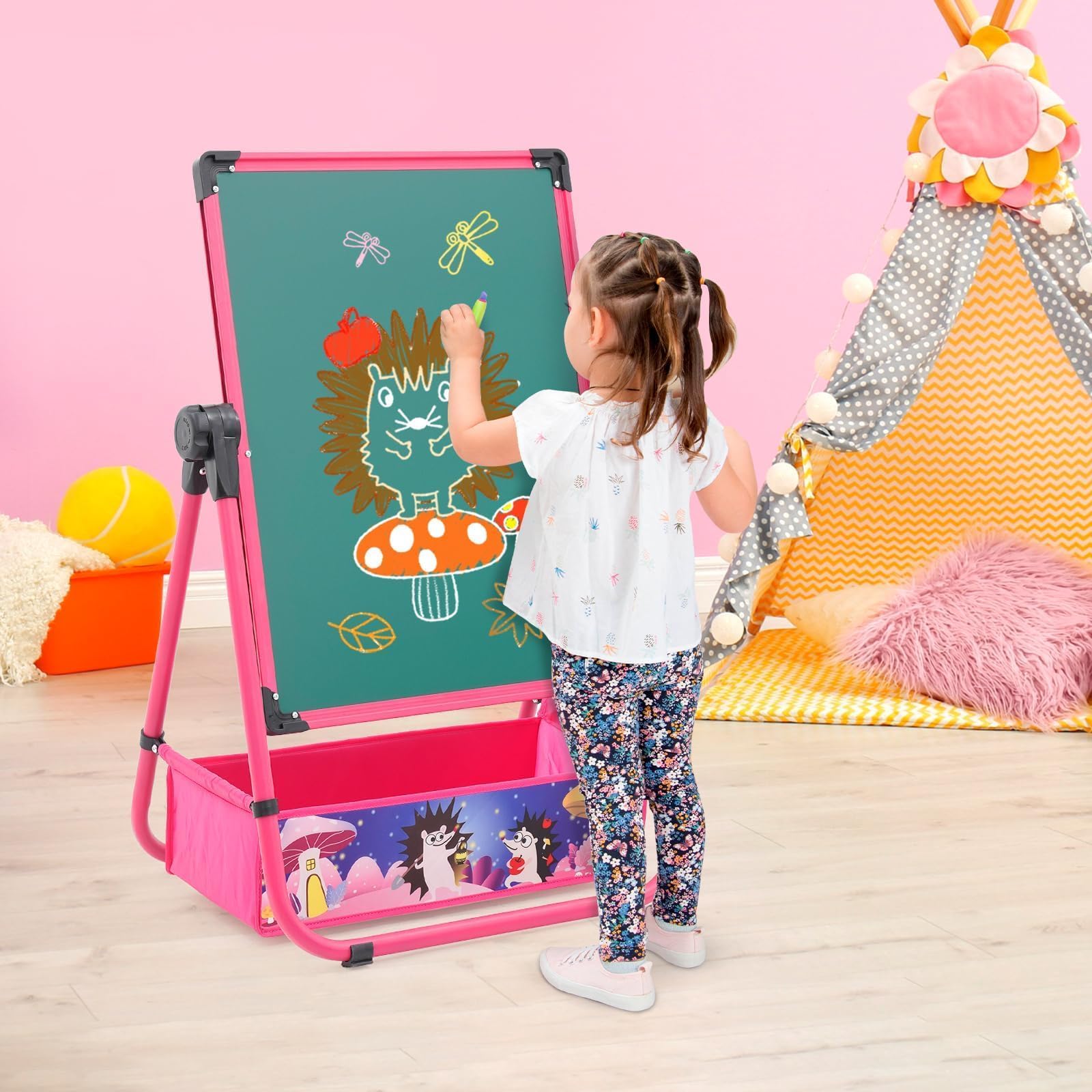 Cavalletto pieghevole per bambini, lavagna bianca e lavagnetta con gessetti in ferro, supporto artistico, regolabile in altezza con adesivo, accessori da pittura, vassoio per riporre ragazze