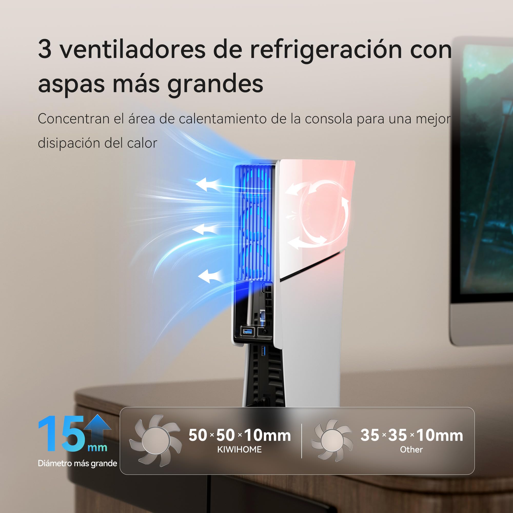 KIWIHOME Ventilador de Refrigeración para PS5 Slim, Con Ajuste de Velocidad Auto, Accesorios de Refrigeración Silenciosos con LED y USB3.0 Externo, para Disc y Ediciones Digitales, No para PS5 Pro