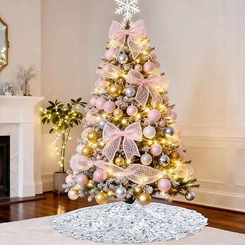 Miniatura 6 de Falda de árbol de Navidad plateada de 36 pulgadas, falda de árbol de Navidad con lentejuelas brillantes, decoraciones de Navidad con purpurina,