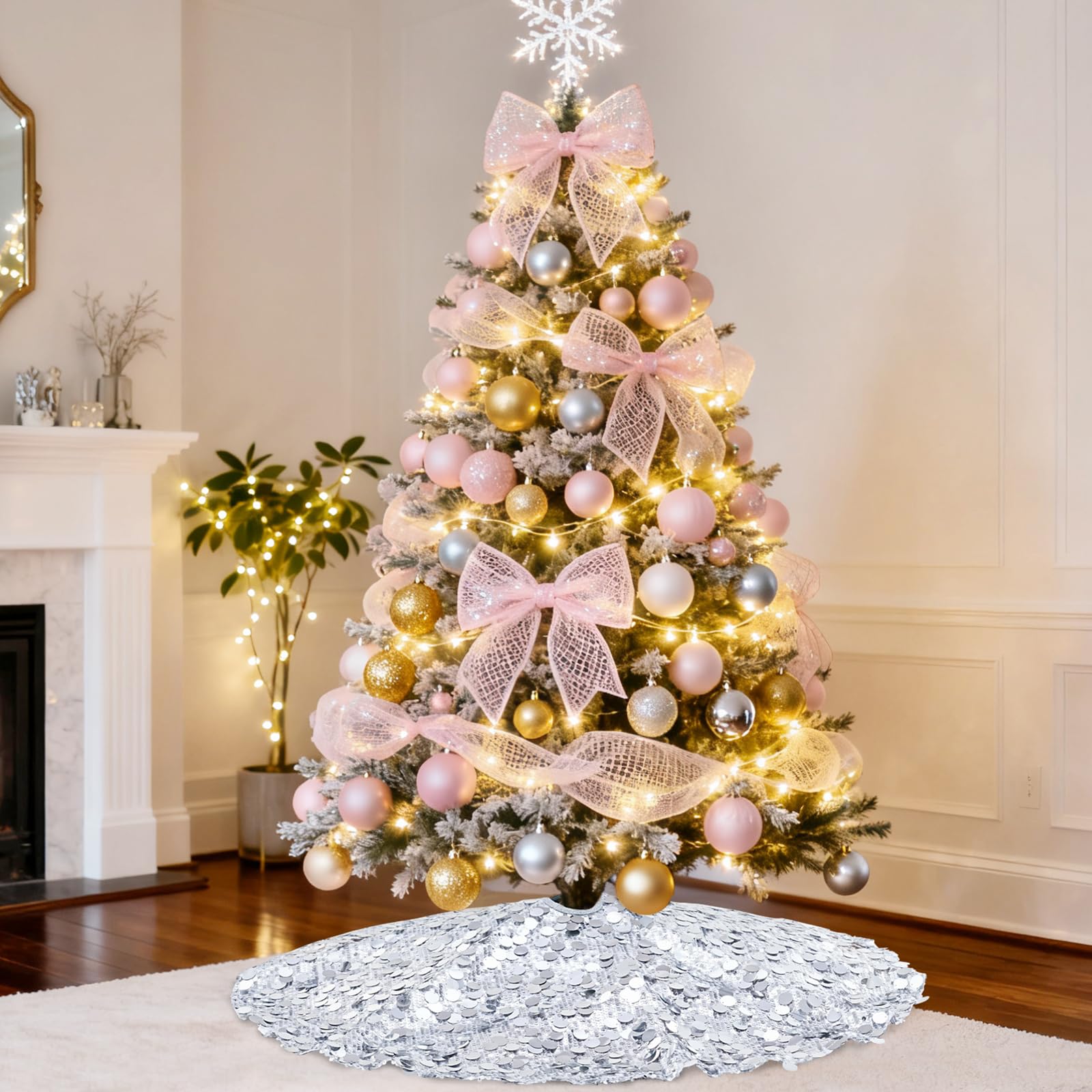 Silver Tree Skirt 36 Inches Christmas Tree Skirt Sparkly Sequin Xmas Tree Skirts Glitter Christmas Decorations Xmas Ornaments : Home & Kitchen