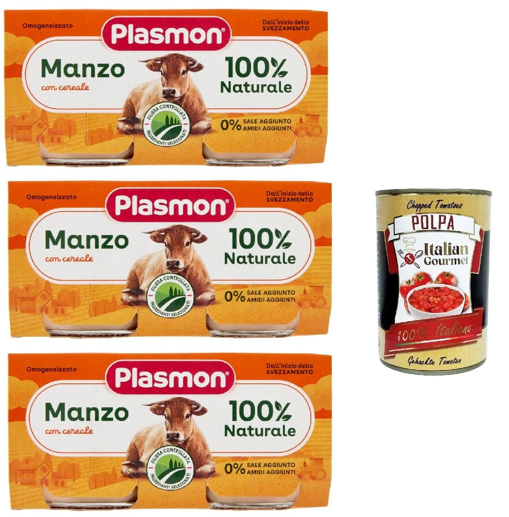 Plasmon Carne Manzo e cereale 3x (2x80g) Mit italienischem Fleisch, 100% natürlich, ohne Stärken und Räume hinzugefügt + Italian Gourmet polpa 400g