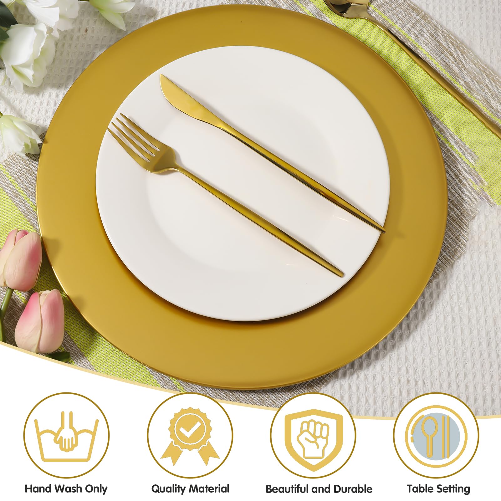 Lot de 36 assiettes rondes en plastique doré de 33 cm pour table de mariage, vacances, décoration de fête