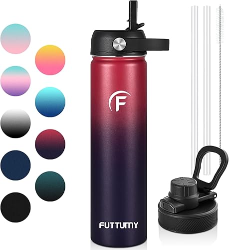 Futtumy Botella de agua de acero inoxidable, botella de agua deportiva de gimnasio para niñas y mujeres, botella de agua de 24 onzas con tapa con