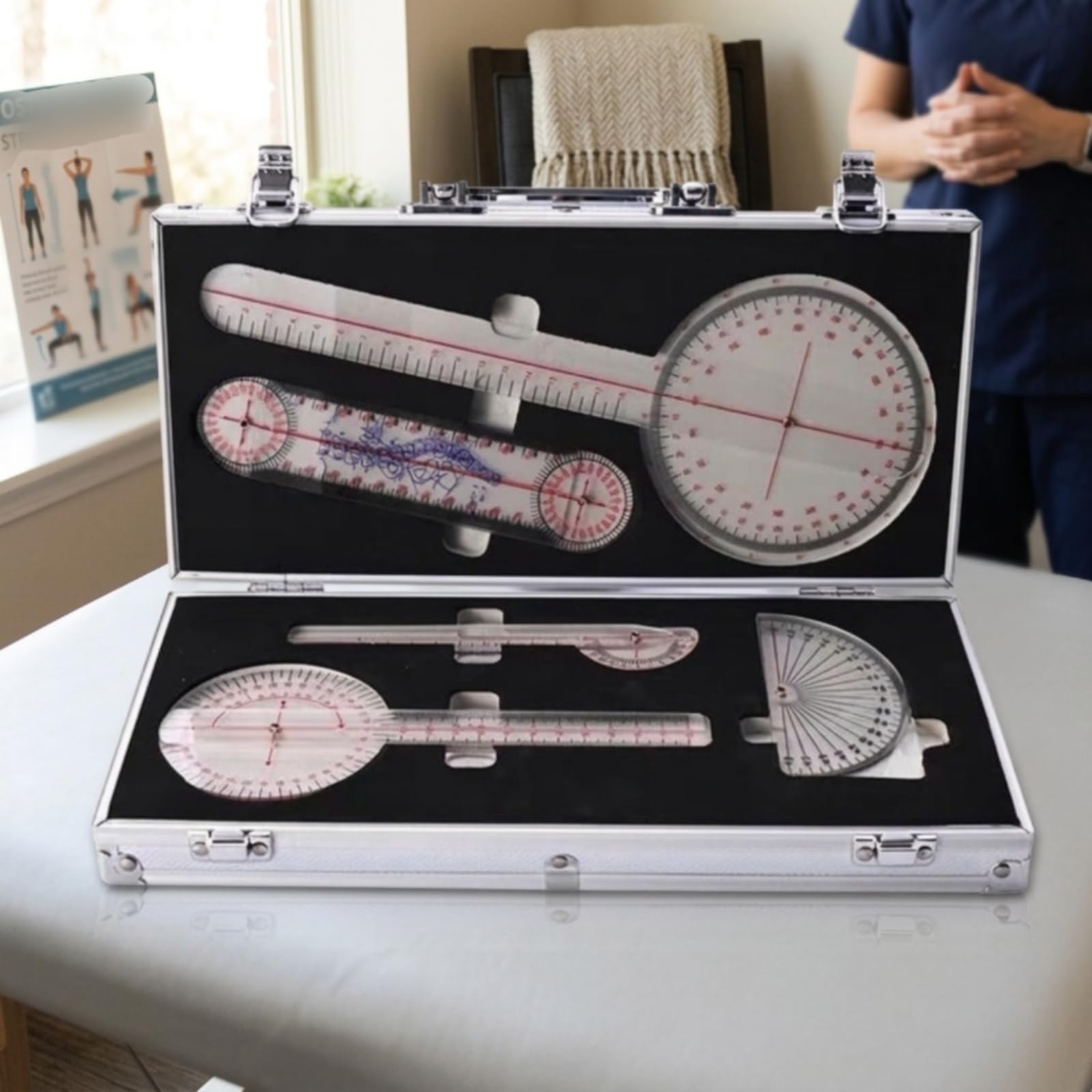 Goniometro Articolare Valigetta in Metallo Kit Goniometro Chiusura a Scatto Righello Goniometrico per Fisioterapisti, Ortopedici, Studio Medico, Lega Di Alluminio Con Scatola