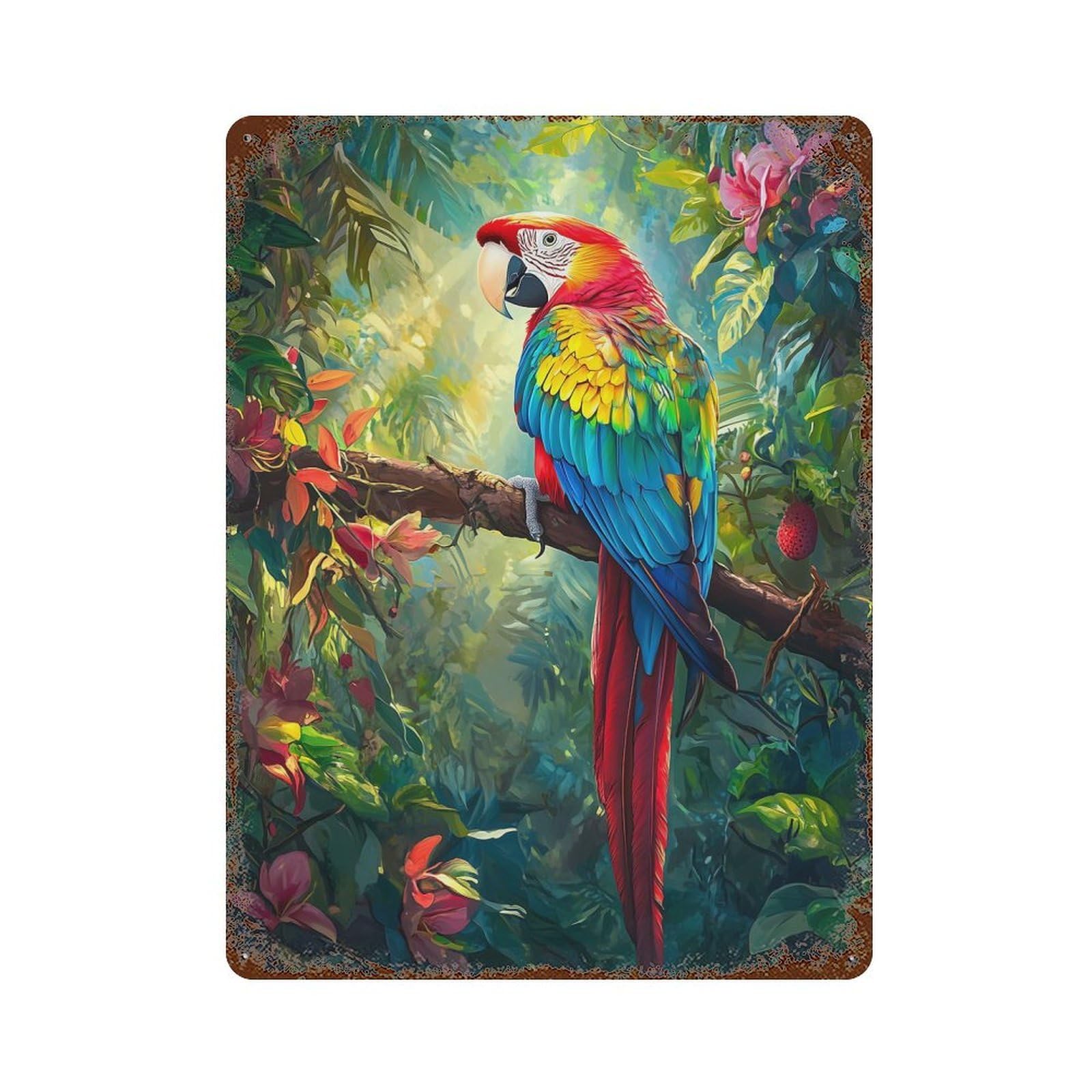 Aged Metal Wall Plaque with Scarlet Macaw in Jungle Design 15.7"x11.8", for Basement, Hobby Room And Garage Decor, Classic Wall Plaque