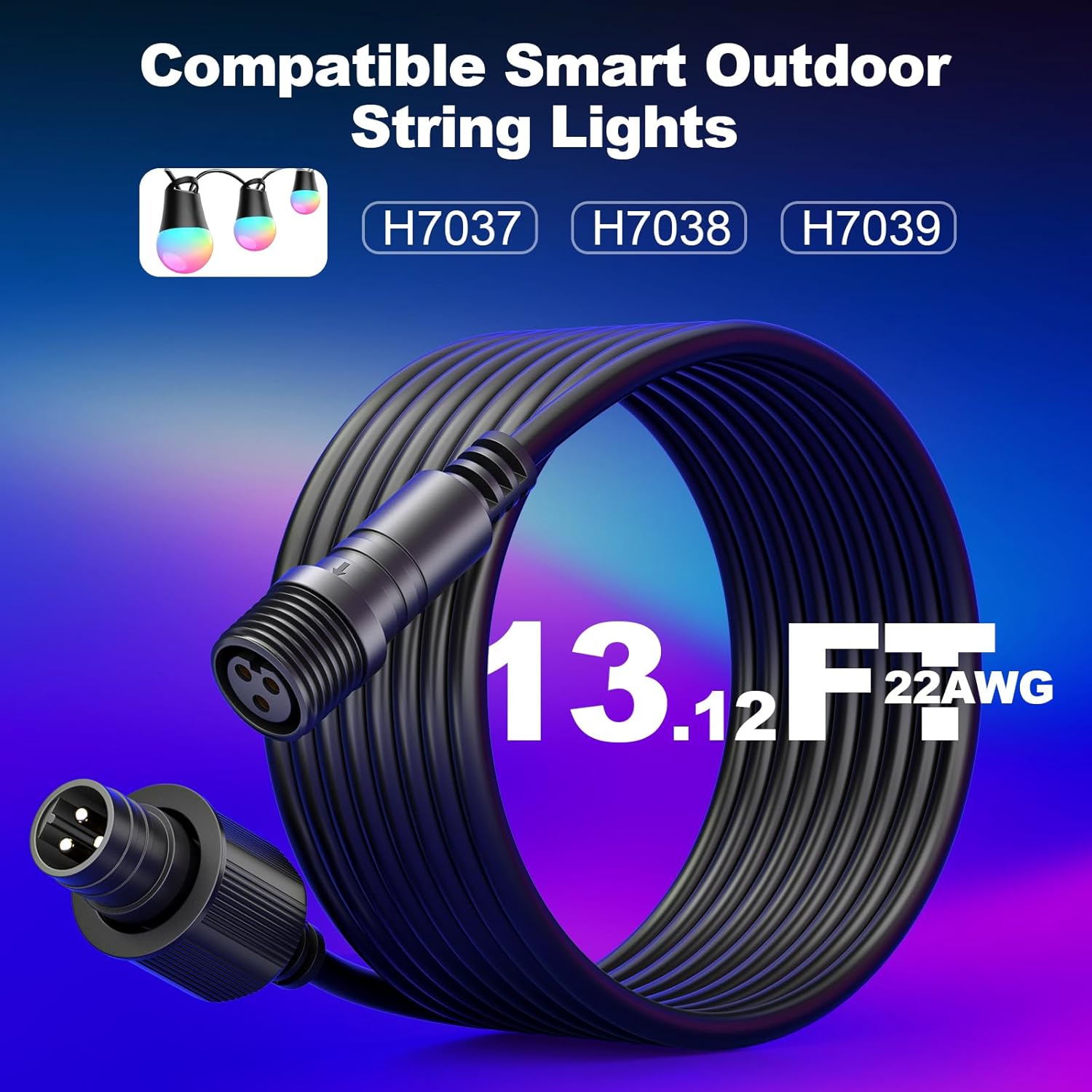 13.12ft Smart Outdoor String Lights Extension Cord,4m Power Cable with 3-Pin Plug，Compatible with Go-ve Smart Outdoor String Lights 2 H7039 H7038 H7037