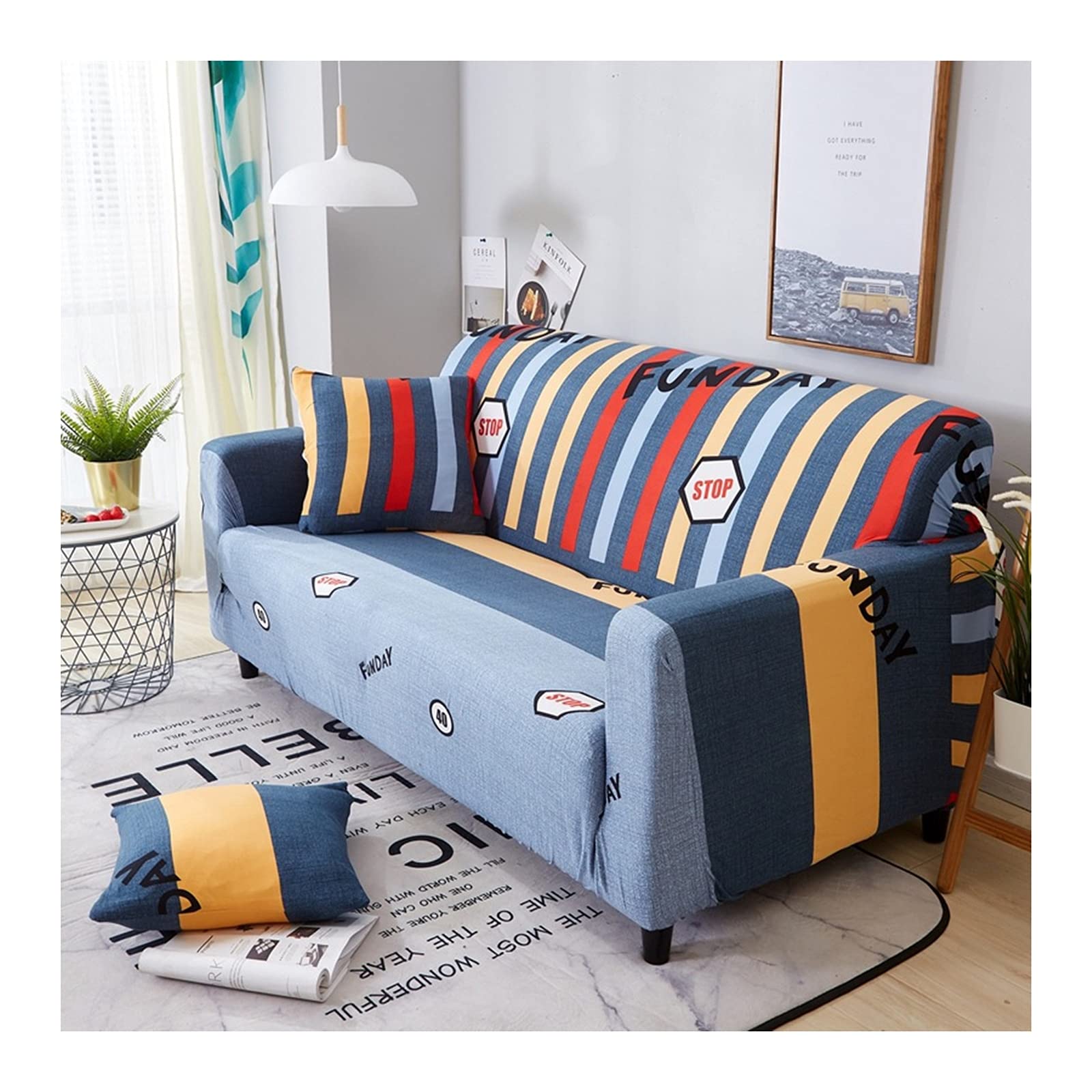 ANAZOZ 3 Seat Outdoor Sofa Cover,Elastic Couch Cover Gray Dark Blue Yellow Polyester Couch Cover STOP Stripes Sofa Covers 3 Seater(190-230CM)