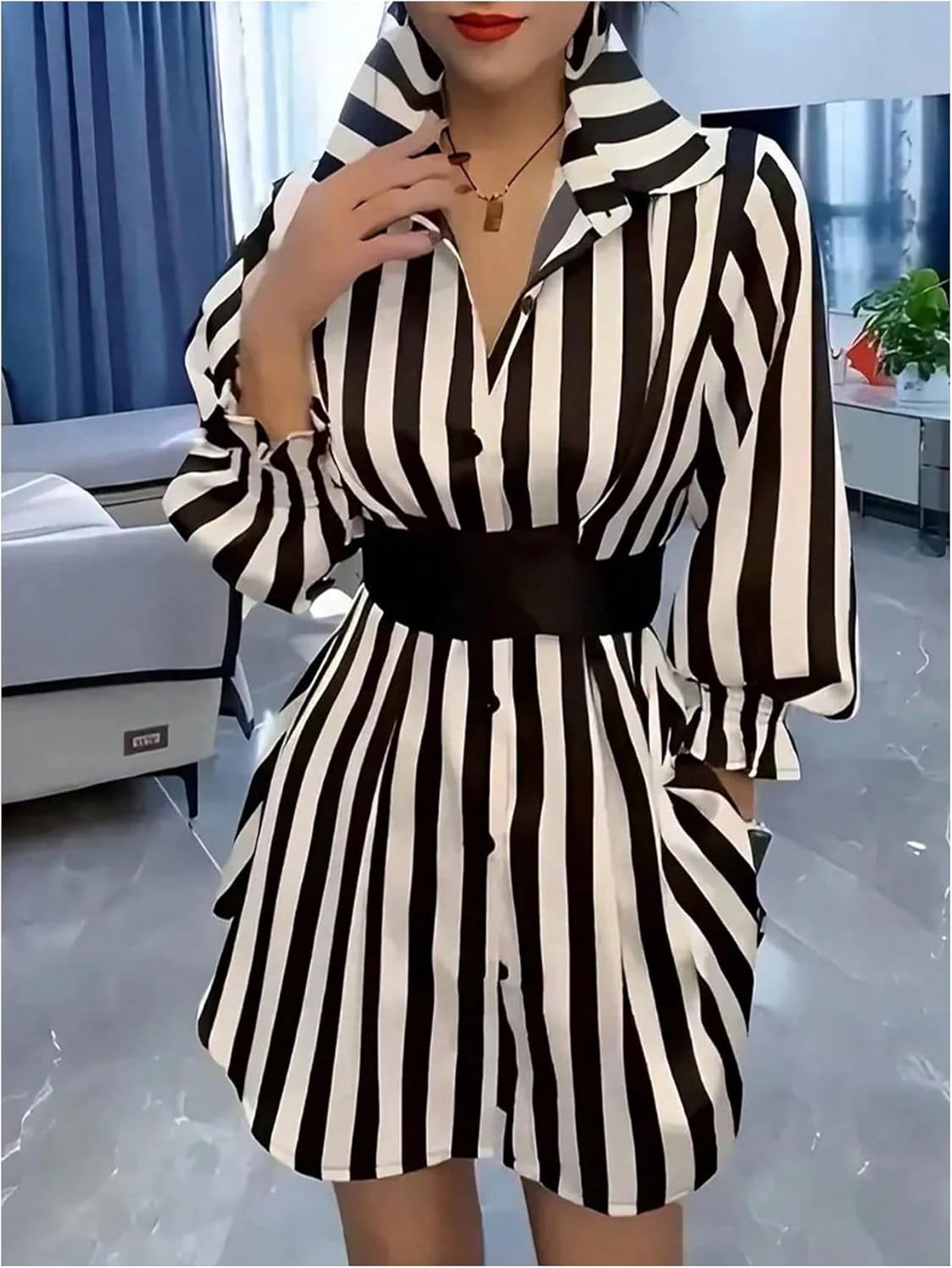 WDIRARA Women's Striped Button Down Shirts Long Sleeve Belted Blouse Collared Tops - Image 4