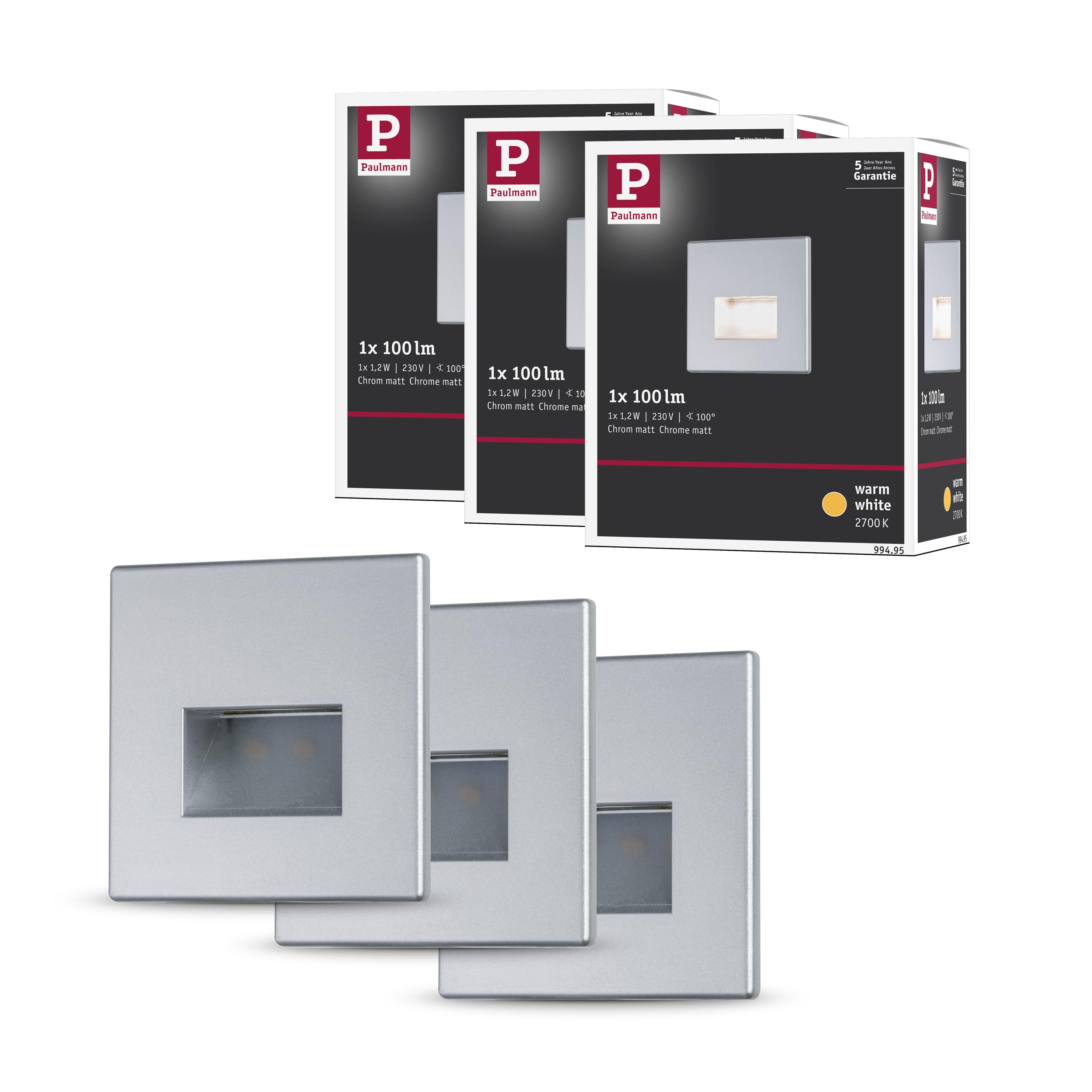 Paulmann 5222 Set LED Wandeinbauleuchte Edge 3er-Set eckig 80x5 mm 3x1,2W 3x50lm 230V 2700K Chrom matt