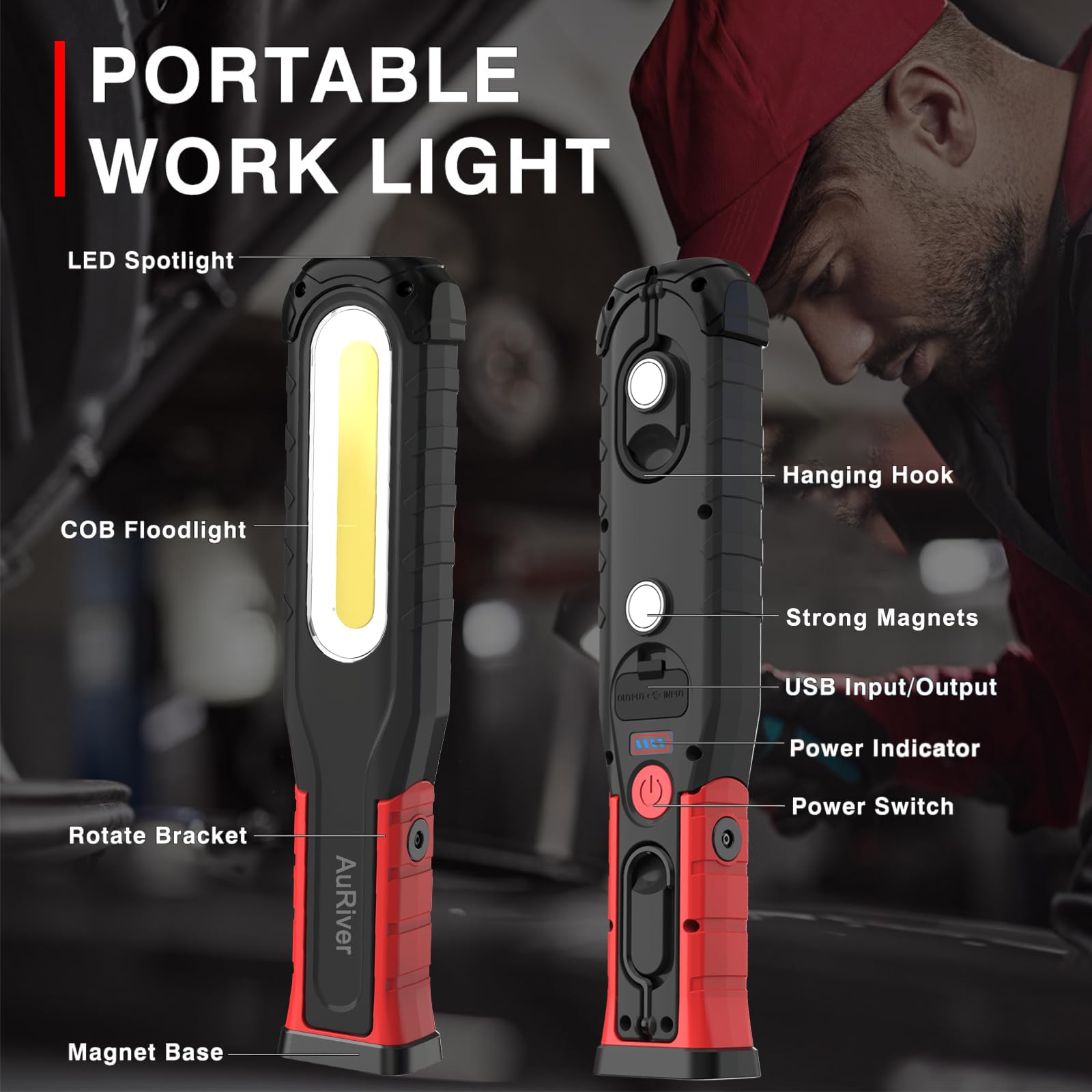 Lampe de Travail Rechargeable Puissante, 6000 mAh Lampe d'inspection avec Fonction Pivotante Pied Magnétique et Crochets, 5 Modes Lampe Mecanicien pour Garage Camping