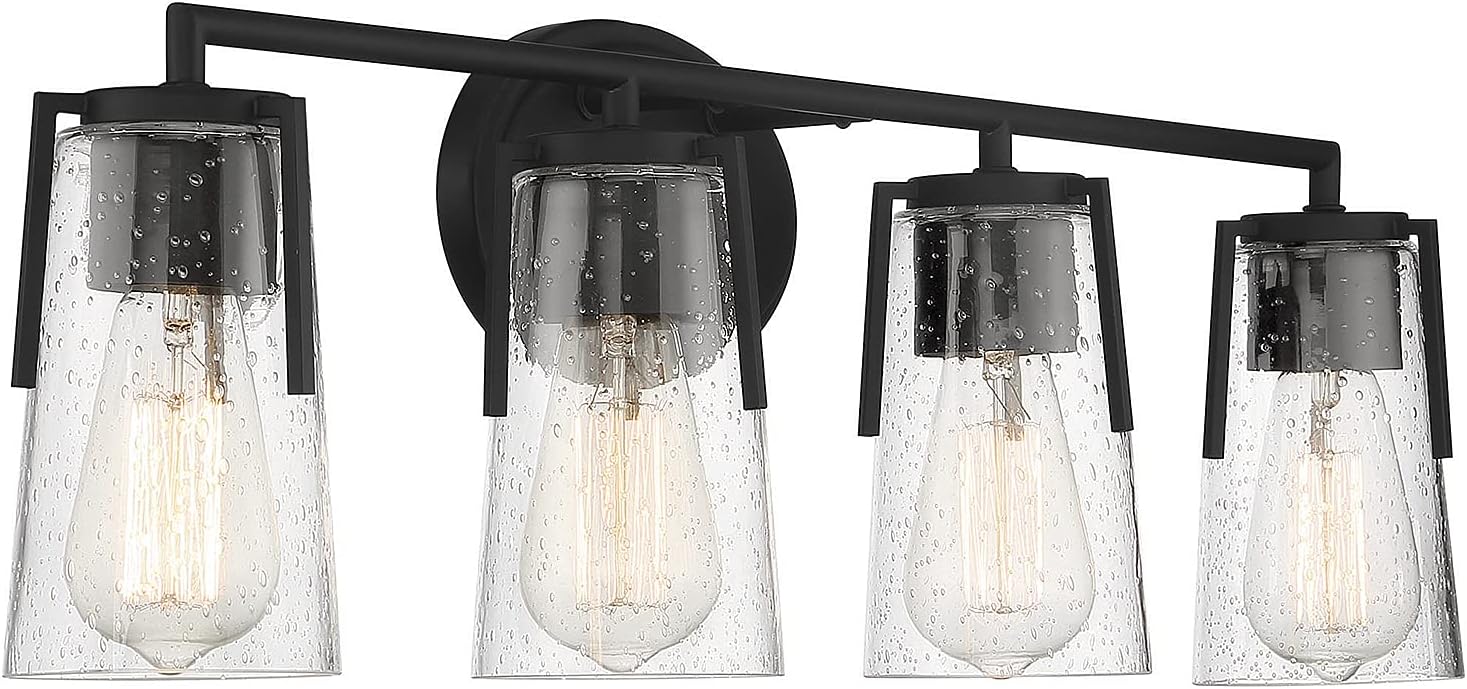 Savoy House 8-7045-4-BK Sacremento Modern Clear Seeded Glass Bathroom Vanity Wall Light, 4-Light 240 Total Watts, 9" H x 32" W, Black