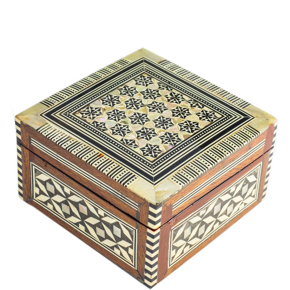 Arts of Egypt- Elegant Egyptian Inlaid Mother of Pearl Jewelry Collectibles Coins Gift Trinket Box 4"x 4"x 2 3/8" H