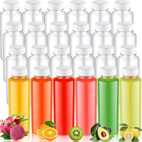 Thenshop 24 botellas de plástico transparente de 12 onzas con tapas blancas a prueba de manipulaciones, botellas reutilizables para bebidas,