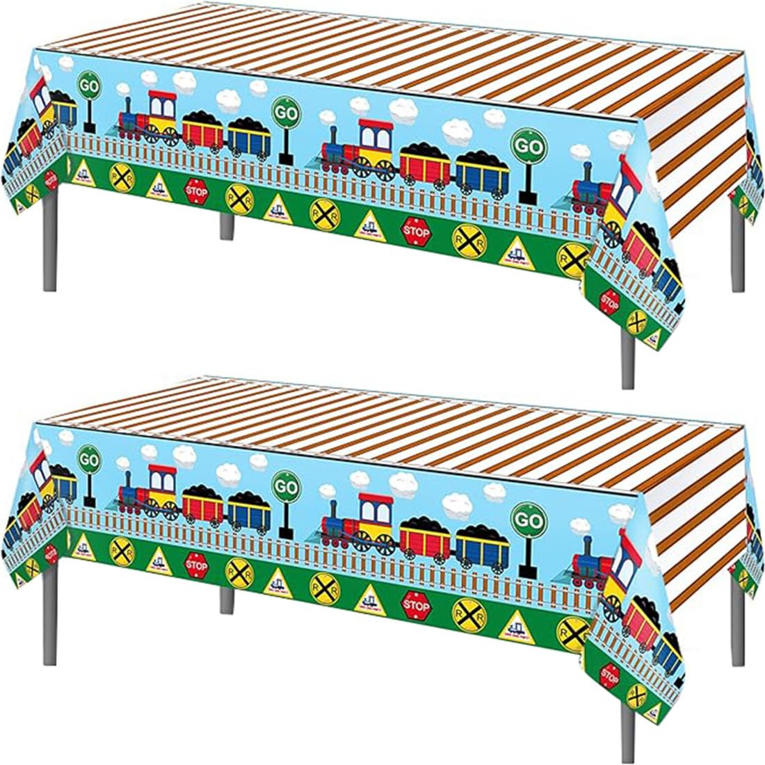 TOKYMOON 2 Pack of Disposable Rectangular 54x87In Train Themed Striped Tablecloths for Kids Baby Shower, 2pcs