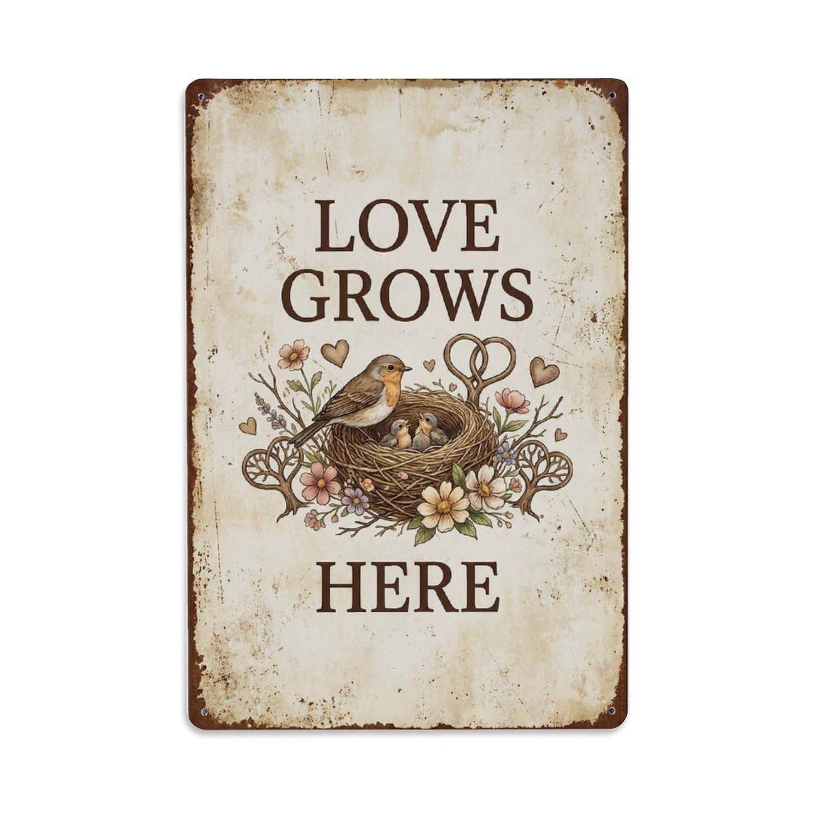 Love Grows Here Family Nest Metal Tin Sign