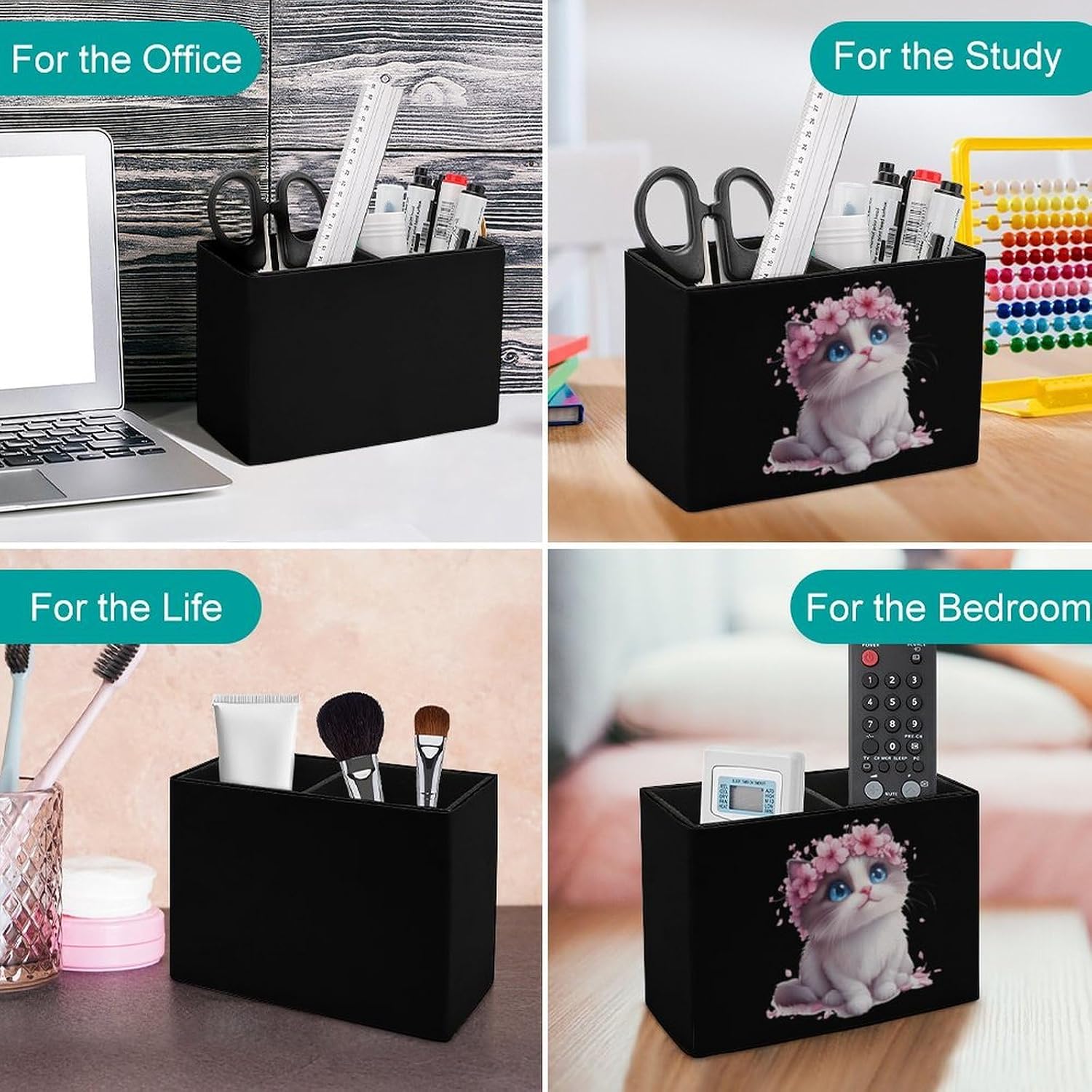Cute Cat Cherry Flowers Pencil Pen Holder PU Leather Desk Storage Organizer Makeup Brush Box