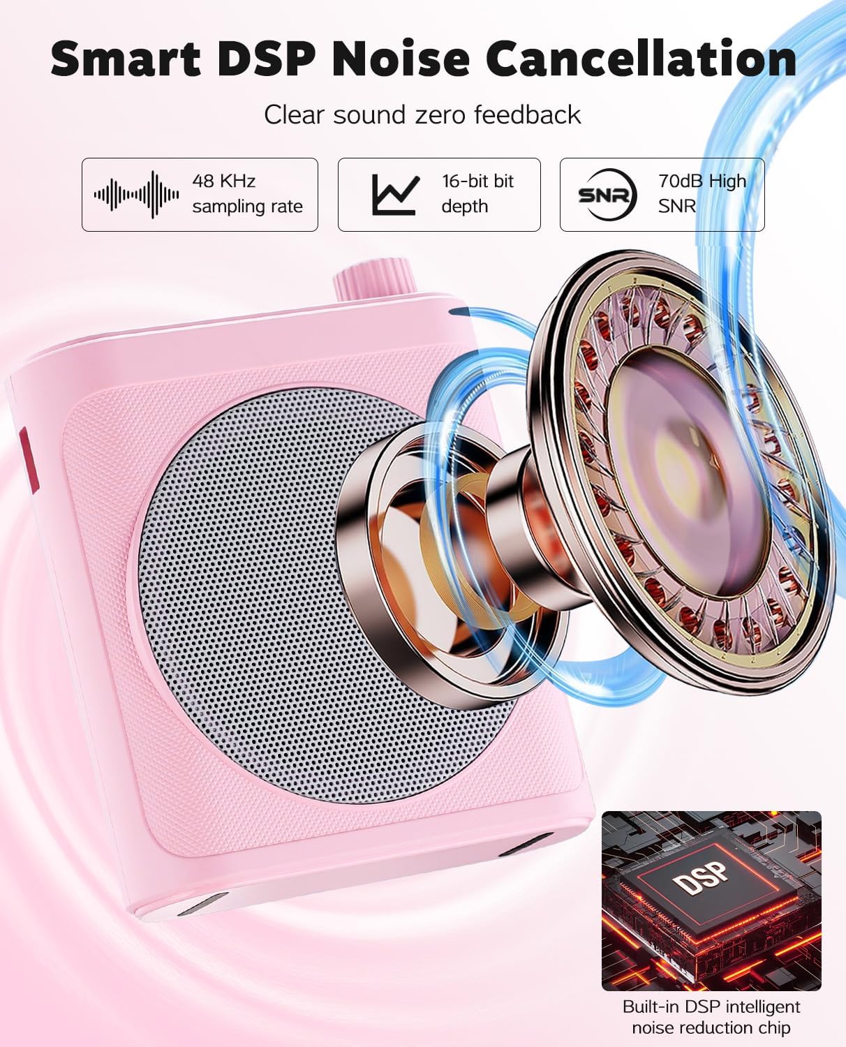 Tearstone Voice Amplifier for Teachers with Wireless Magnetic Lavalier Microphone, Bluetooth Portable Rechargeable Speaker, 2 Mics for Classroom, Meetings, Speeches, Outdoor (Pink) - Image 3