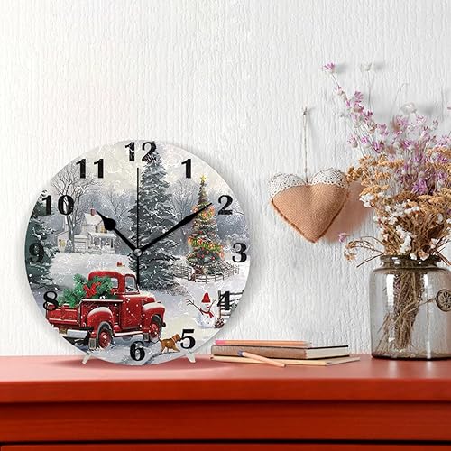 Miniatura 2 de Pfrewn Reloj de pared de perro con camión rojo de invierno, silencioso, sin tictac, muñeco de nieve, copo de nieve, funciona con pilas, reloj de