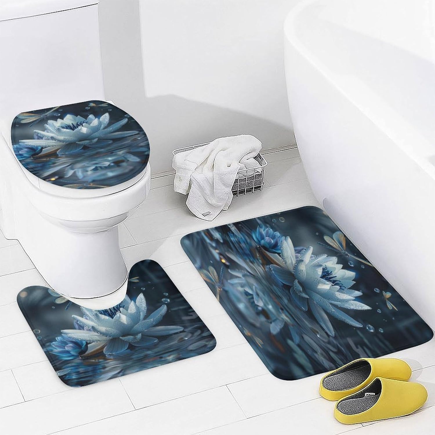 4Pcs Classic Dragonfly Lotus Shower Curtain Sets Bathroom Decor, Vintage Flower Plant Shower Curtain with Non Slip Rug, Toilet Lid Cover, Bath Mat and 12 Hooks 72W x 72L