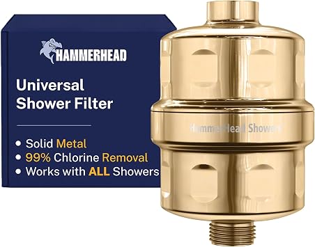 HammerHead Showers Solid Metal Shower Head Filter KDF 55 Shower Filter, High Pressure Universal Shower Filters to Remove Toxic Chemicals Removes Chlorine and Heavy Metals Polished Brass