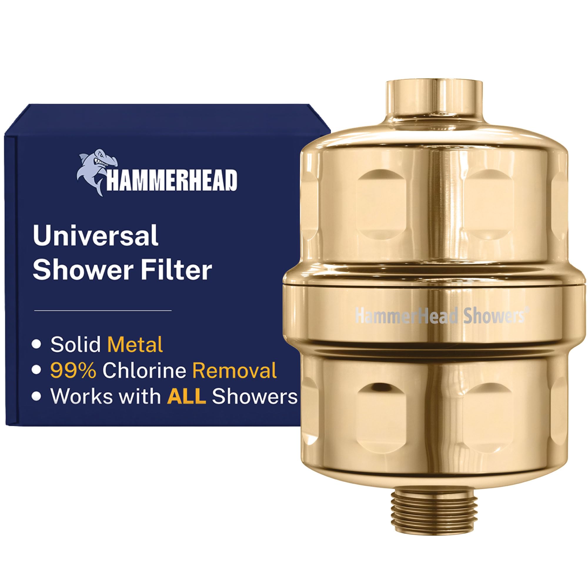 HammerHead Showers® Solid Metal Shower Head Filter – KDF 55 Shower Filter, High Pressure Universal Shower Filters to Remove Toxic Chemicals – Removes Chlorine and Heavy Metals – Polished Brass