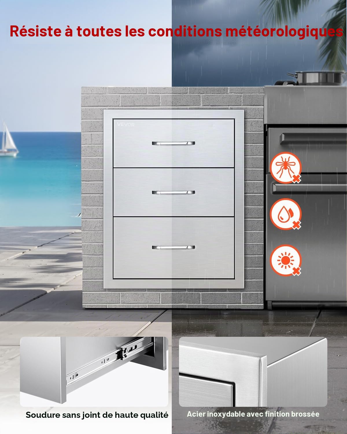 VEVOR Meuble Tiroir de Cuisine Extérieur LxPxH 46x59x59 cm, Module de Cuisine Extérieur avec 3 Tiroirs et Poignées, en Inox, Mobilier de Rangement pour Îlot de Barbecue en Plein Air, Terrasse