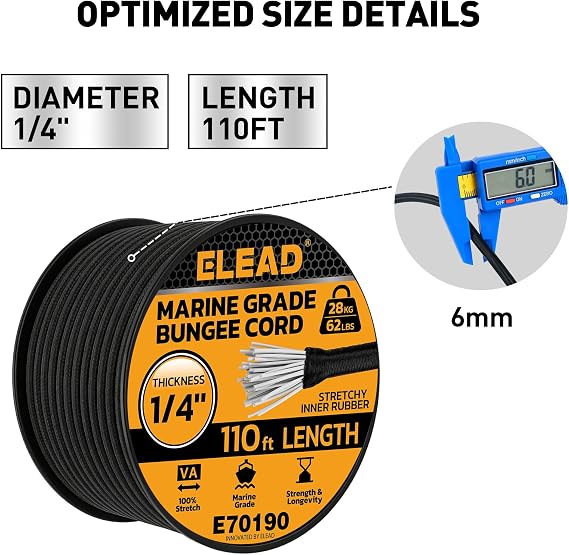 Heavy Duty Bungee Cord Roll, 1/4 x 110ft Marine Grade Outdoor Bungee Cords, Black Super Elastic Shock Cords, Long Cord for Cargo, Camping, Bike Racks, Tents