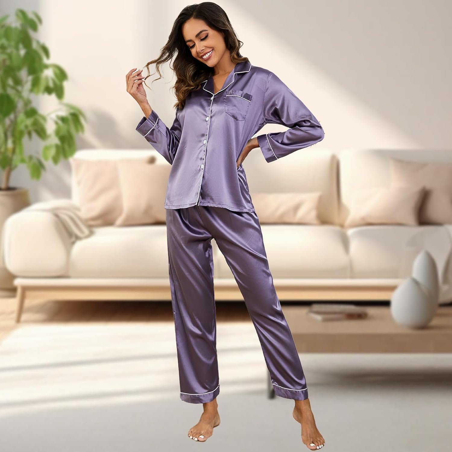 Silk Pajamas for Women Set Long Sleeve Satin Pj Set Two Piece Soft Sleepwear Classic Button Down Loungewear with Pockets - Image 6