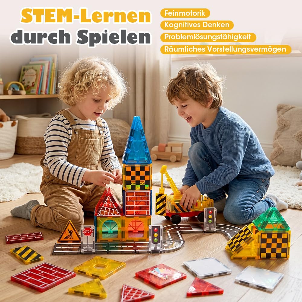 Playpals Magnetbausteine 60 Teile, Konstruktionsspielzeug, Kran Ausziehbar | Magnetische Bausteine Straße-Thema, Starke Magnetkraft, Kreatives Bauspielzeug, für Jungen Mädchen ab 3 Jahren, Mehrfarbig