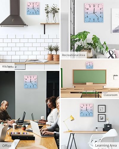 Miniatura 5 de Pink Blue Ombre Wooden Wall Clock Silent Non Ticking, Gradient Blue Pink Square Wall Clock Battery Operated, Decor Clock for Home Office, Living