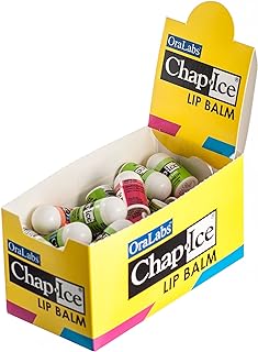 Chap-Ice® | Premium and Traditional Lip Balm for Chapped, Dry, or Windburned Lips | Pocket Size Display with Assorted Flavors - Cherry, Citrus Orange, Kiwi Lime - 50 Mini Sticks (0.10oz/3g)