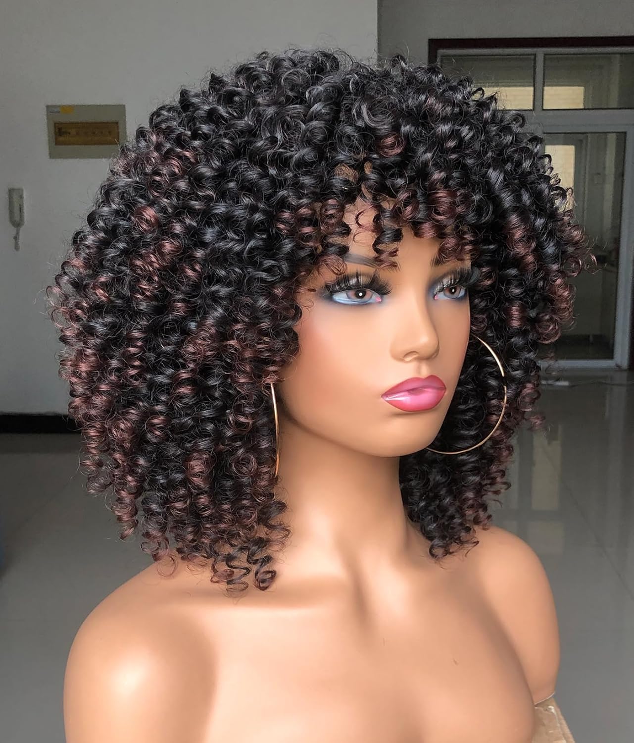 RunM hair Short Curly Wigs for Black Women with Bangs Curly Afro Wig Big Bouncy Fluffy Kinky Synthetic Wig for Daily Party Cosplay(Black Omber Brown) - Image 2