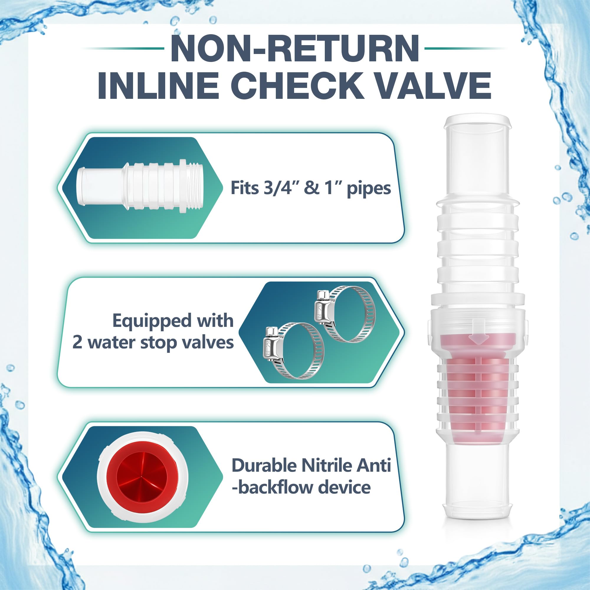 Válvula de retención en línea con abrazaderas de manguera, se adapta a tubos de 3/4 y 1 pulgada, válvulas de prevención de reflujo para líneas de agua, válvula antirretorno ABS rojo