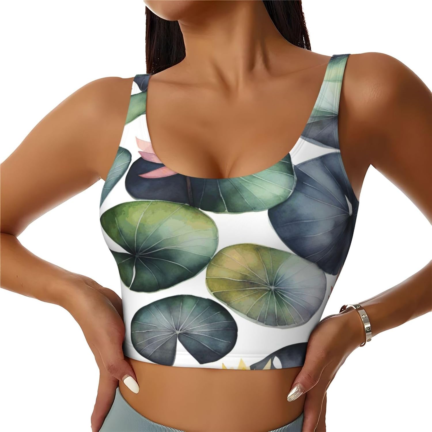Black Lily Pads Print Sports Bra For Women,Padded,Racerback,Perfect For Yoga,Workout And Running