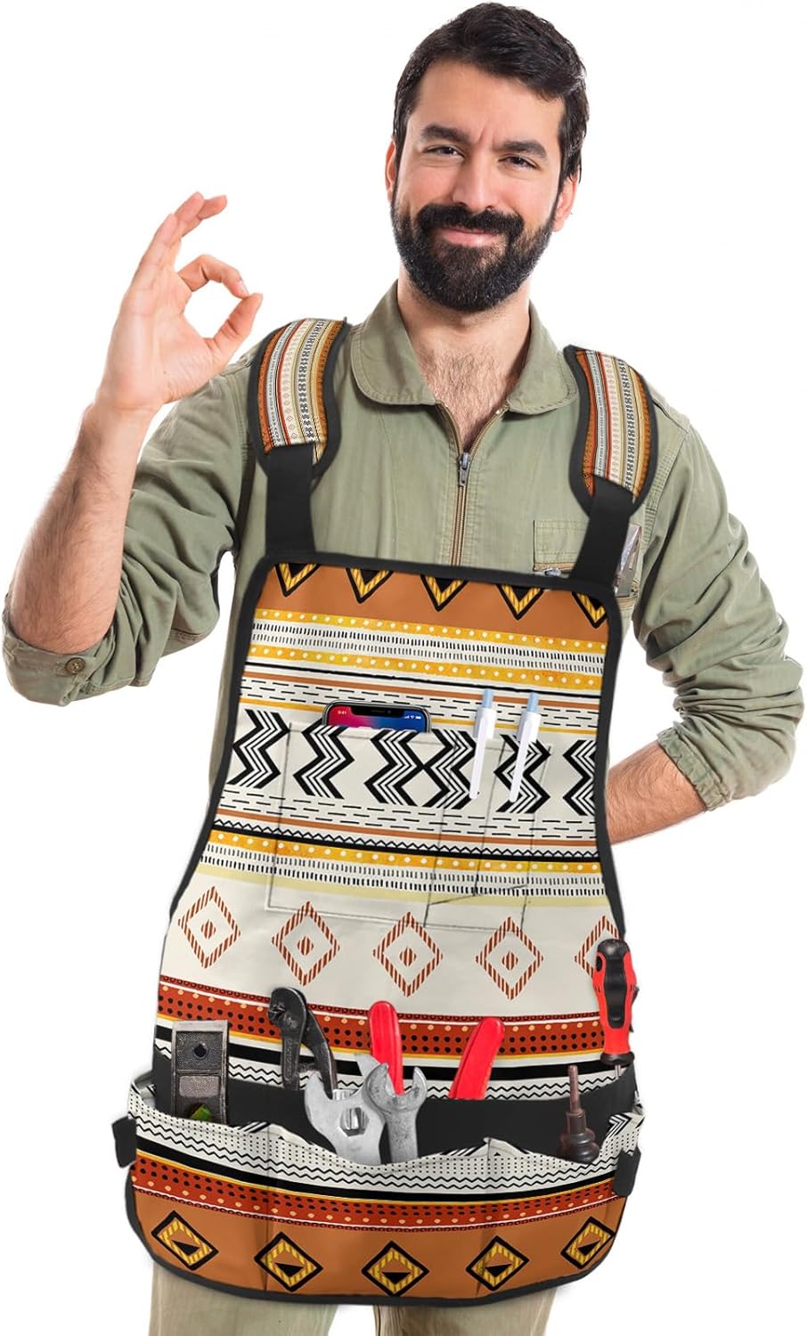Work Apron for Men Adjustable Woodworking Apron 16 Pockets Oxford Apron Art Boho Style Geometric Texture Brown Tool Apron