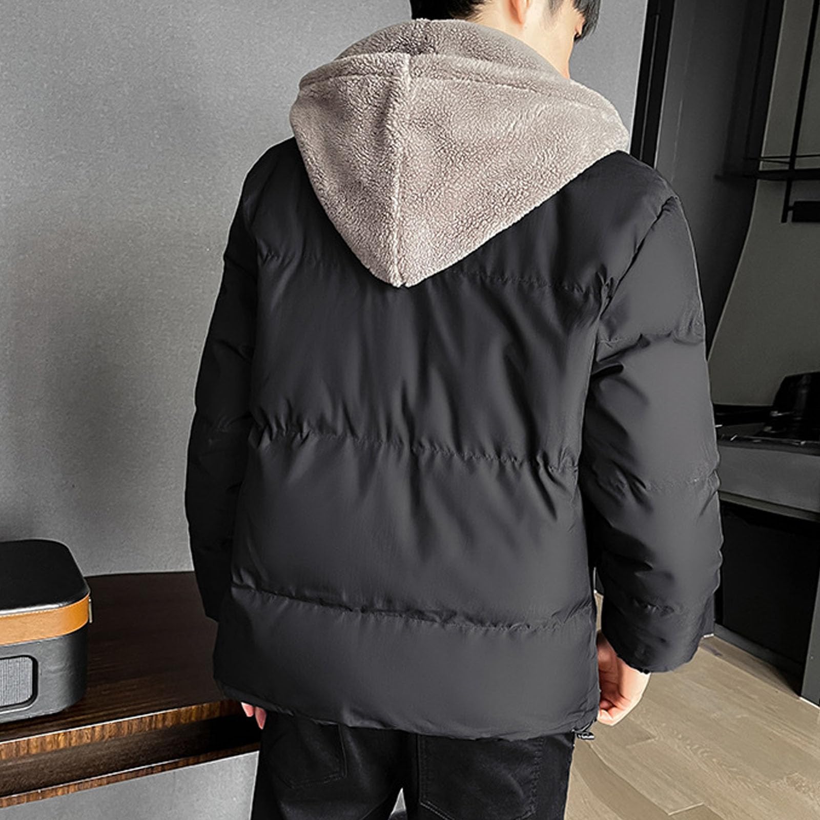Chaqueta acolchada con capucha gruesa para hombre, resistente al viento, forro polar sherpa, chaqueta acolchada cálida para hombre