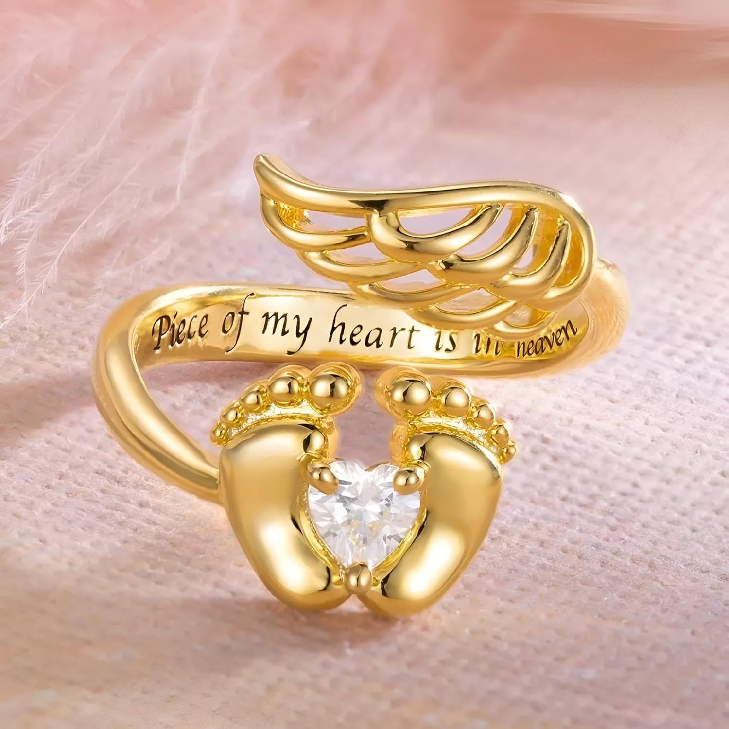 Personalized Miscarriage Ring 925 Sterling Silver Angel Wing Baby Footprint Custom Name Birthstone Ring for Loss of Baby Memorial Jewelry Gifts for Women