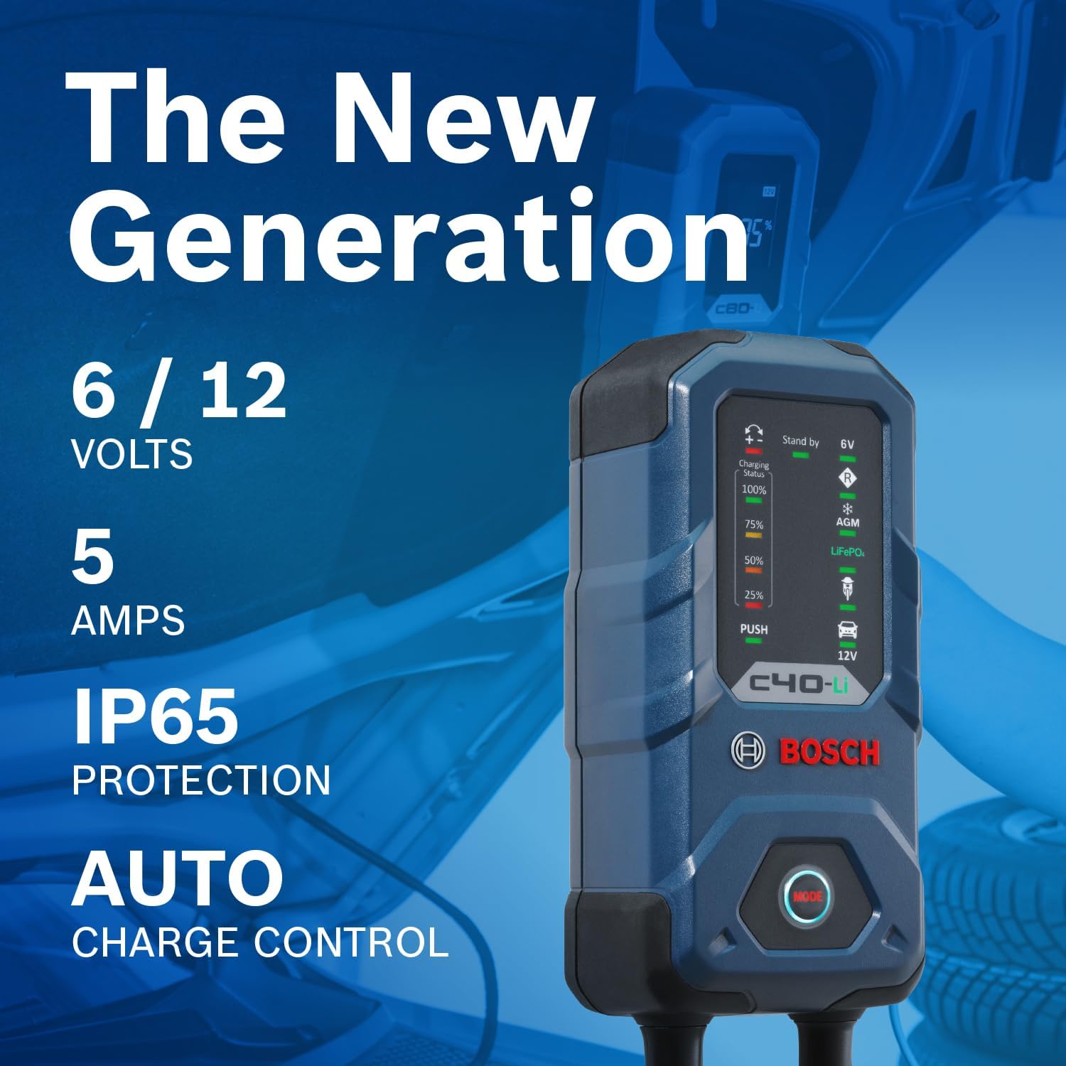 Bosch C40-Li: 5A 6V/12V Next-Gen Battery Charger – Smart Maintenance & Trickle Functionality with Advanced Safety Features – for Lead-Acid & Lithium Batteries, Including AGM, EFB, Gel & SLI