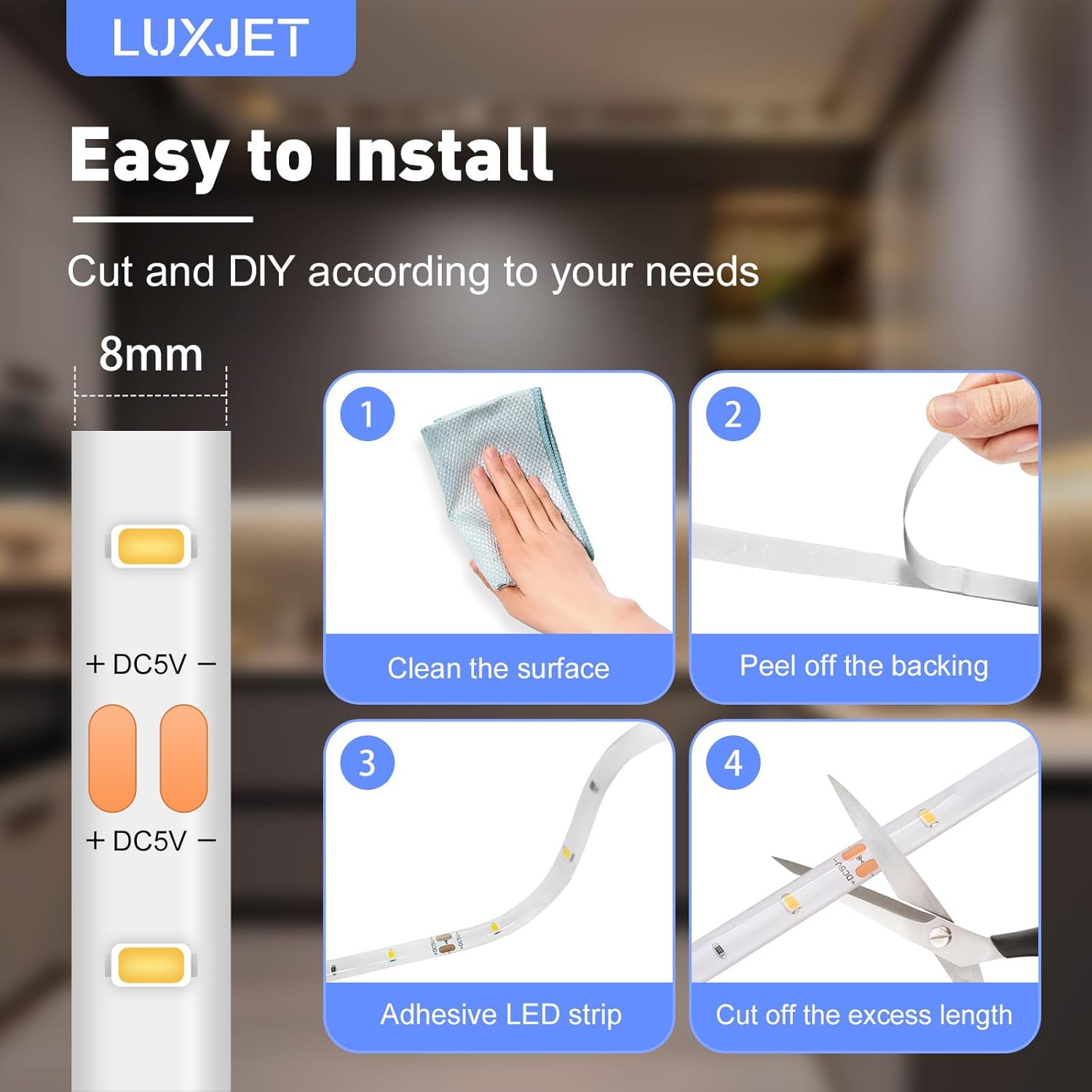 LUXJET Rechargeable Motion Sensor Wardrobe Light, 3.3ft Flexible LED Strip with 30LED, PIR and Light Sensor, Warm White Night Light for Bedroom, Kitchen, Wall, Closet, Cabinet